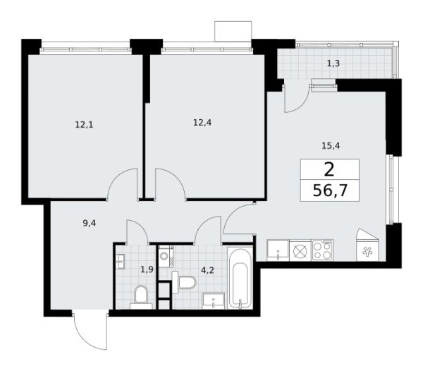 Новая 2-к квартира
 56.7 м² на 3/10 этаже в ЖК «Родные кварталы» в городе Тюмень 