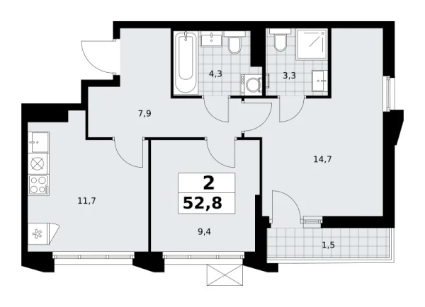 Новая 2-к квартира
 52.8 м² на 11/17 этаже в ЖК «Деснаречье» в городе Тюмень 