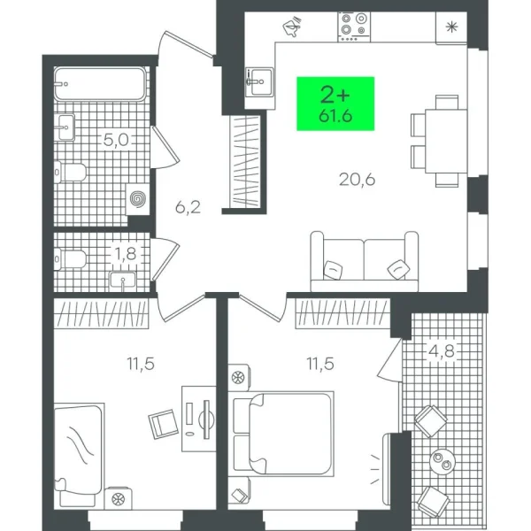 Новая 2-к квартира
 61.65 м² на 2/22 этаже в ЖК «Гранд Квартал» в городе Тюмень 