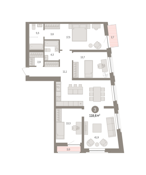 Новая 3-к квартира
 118.4 м² на 5/10 этаже в ЖК «Речной порт» в городе Тюмень 