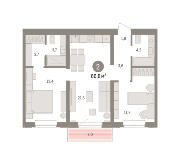 Новая 2-к квартира
 66.79 м² на 6/8 этаже в ЖК «Кварталы «На Минской»» в городе Тюмень 