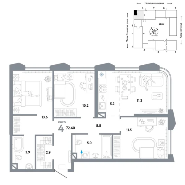 Новая 4-к квартира
 72.4 м² на 10/30 этаже в ЖК «Страна.Озёрная» в городе Тюмень 