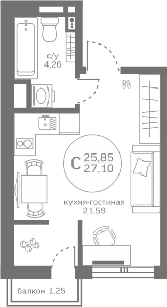 Новая квартира-студия
 25.85 м² на 8/17 этаже в ЖК «Меридиан ЮГ» в городе Тюмень 