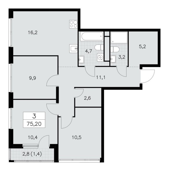 Новая 3-к квартира
 75.2 м² на 29/30 этаже в ЖК «Южные сады» в городе Тюмень 