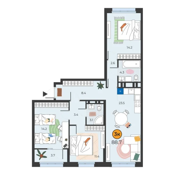 Новая 3-к квартира
 88.7 м² на 10/14 этаже в ЖК «Корней» в городе Тюмень 