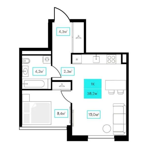 Новая 1-к квартира
 38.2 м² на 11/23 этаже в ЖК «Futuro» в городе Тюмень 
