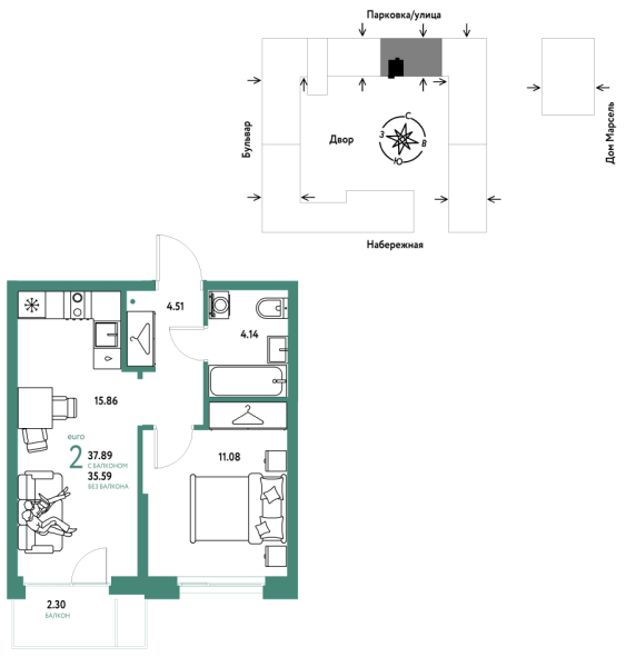 Новая 2-к квартира
 37.89 м² на 7/24 этаже в ЖК «Европейский берег 2.0» в городе Тюмень 