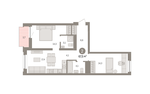 Новая 2-к квартира
 67.6 м² на 5/10 этаже в ЖК «Речной порт» в городе Тюмень 