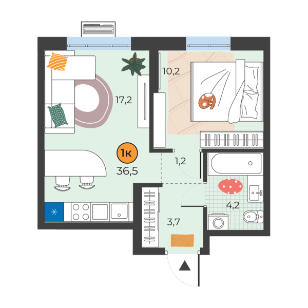 Новая 1-к квартира
 36.5 м² на 18/25 этаже в ЖК «Корней» в городе Тюмень 