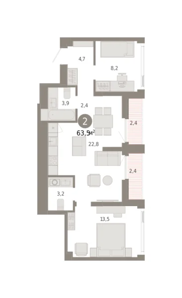 Новая 2-к квартира
 63.48 м² на 22/25 этаже в ЖК «Зарека» в городе Тюмень 
