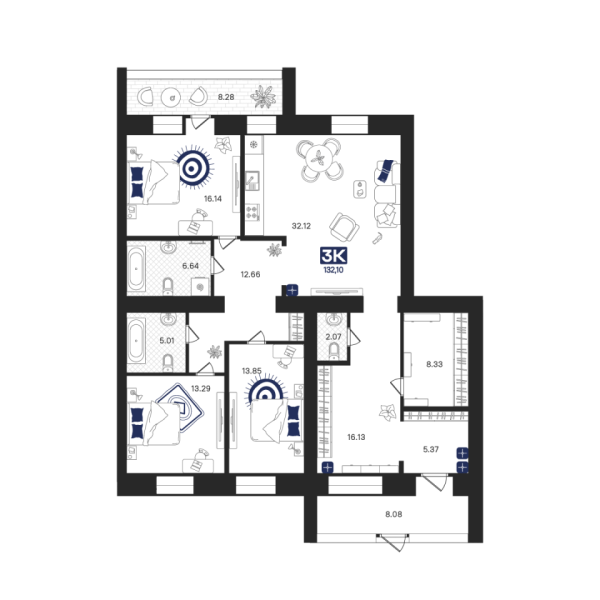 Новая 3-к квартира
 132.1 м² на 1/9 этаже в ЖК «Ария» в городе Тюмень 