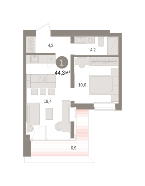 Новая 1-к квартира
 44.31 м² на 13/16 этаже в ЖК «Кварталы «На Минской»» в городе Тюмень 