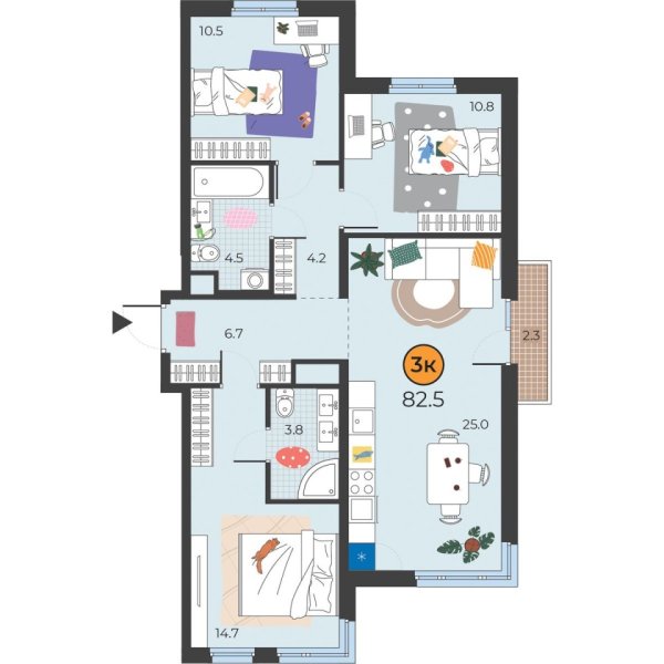 Новая 3-к квартира
 81.4 м² на 4/25 этаже в ЖК «Корней» в городе Тюмень 