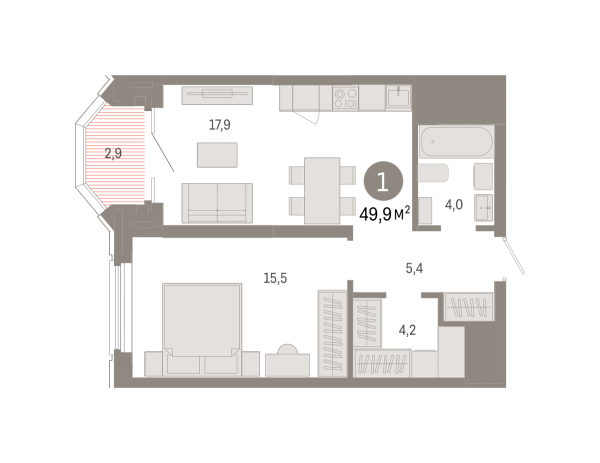 Новая 1-к квартира
 49.9 м² на 14/24 этаже в ЖК «На Некрасова» в городе Тюмень 