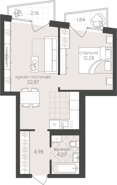 Новая 1-к квартира
 48.33 м² на 2/4 этаже в ЖК «Скандиа. Квартал у Озера» в городе Тюмень 
