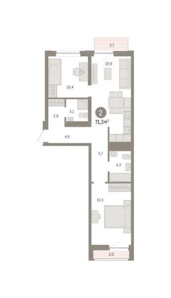 Новая 2-к квартира
 71.4 м² на 5/8 этаже в ЖК «Речной порт» в городе Тюмень 