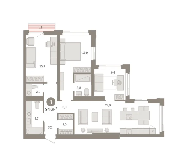 Новая 3-к квартира
 94.61 м² на 18/25 этаже в ЖК «Зарека» в городе Тюмень 