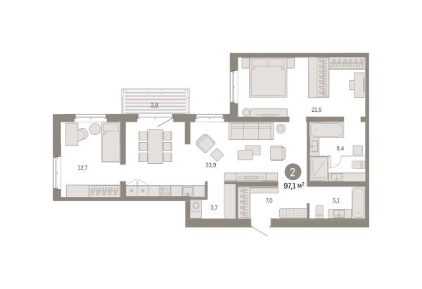 Новая 2-к квартира
 97.13 м² на 3/8 этаже в ЖК «Кварталы «На Минской»» в городе Тюмень 