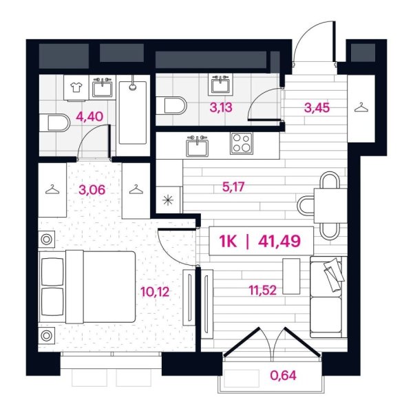 Новая 1-к квартира
 41.49 м² на 6/16 этаже в ЖК «Пушкина» в городе Тюмень 