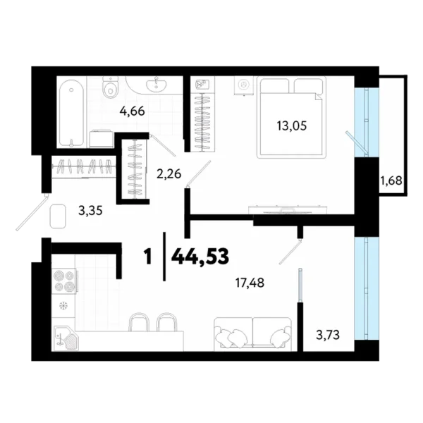 Новая 1-к квартира
 44.53 м² на 17/24 этаже в ЖК «Квартал в Гагаринском парке» в городе Тюмень 