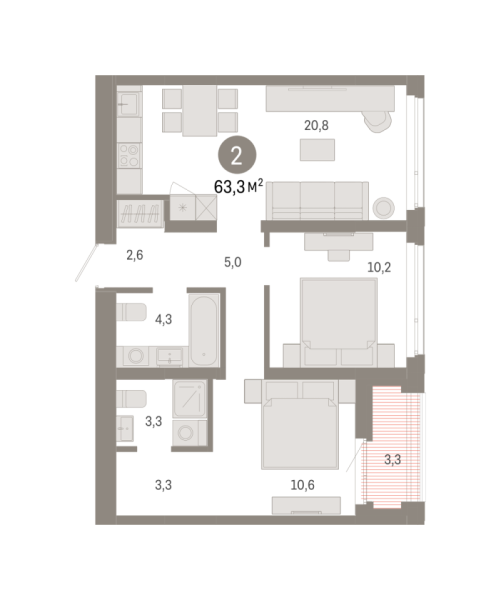 Новая 2-к квартира
 63.3 м² на 9/9 этаже в ЖК «Республики 205» в городе Тюмень 