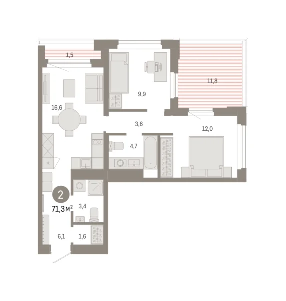 Новая 2-к квартира
 71.32 м² на 5/25 этаже в ЖК «Зарека» в городе Тюмень 