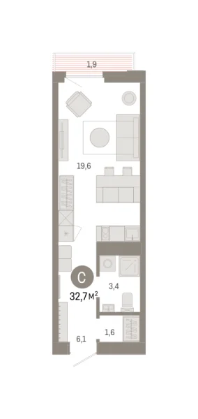 Новая квартира-студия
 32.72 м² на 10/25 этаже в ЖК «Зарека» в городе Тюмень 