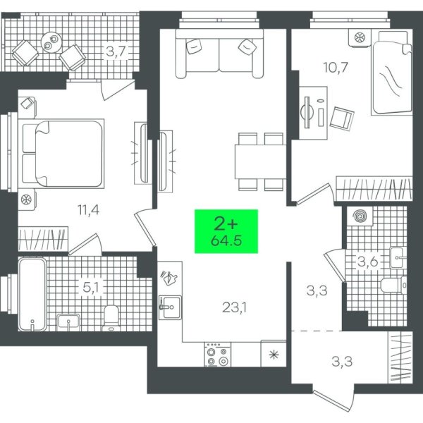 Новая 2-к квартира
 64.58 м² на 3/22 этаже в ЖК «Гранд Квартал» в городе Тюмень 