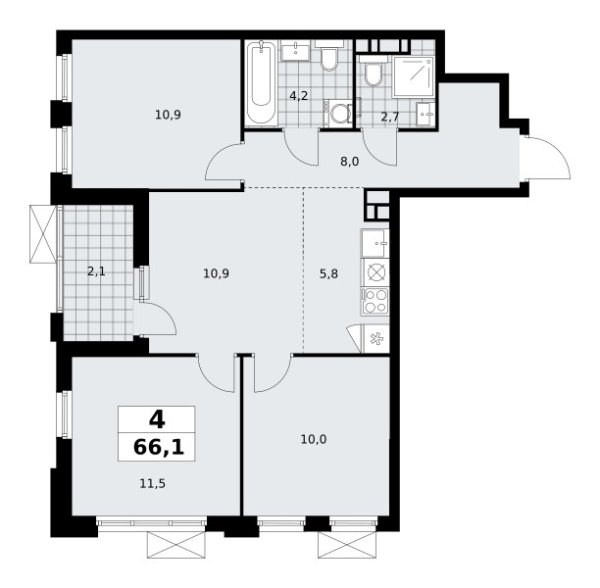 Новая 4-к квартира
 66.1 м² на 14/18 этаже в ЖК «Скандинавия» в городе Тюмень 