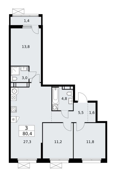Новая 3-к квартира
 80.4 м² на 16/17 этаже в ЖК «Скандинавия» в городе Тюмень 