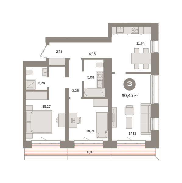 Новая 3-к квартира
 80.45 м² на 2/9 этаже в ЖК «Речной порт» в городе Тюмень 