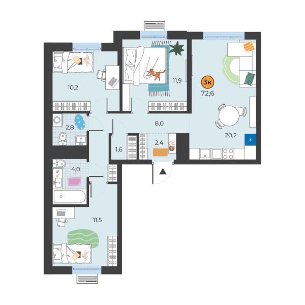 Новая 3-к квартира
 72.6 м² на 10/25 этаже в ЖК «Корней» в городе Тюмень 