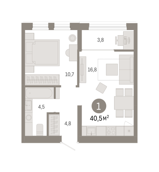 Новая 1-к квартира
 40.46 м² на 9/9 этаже в ЖК «Республики 205» в городе Тюмень 