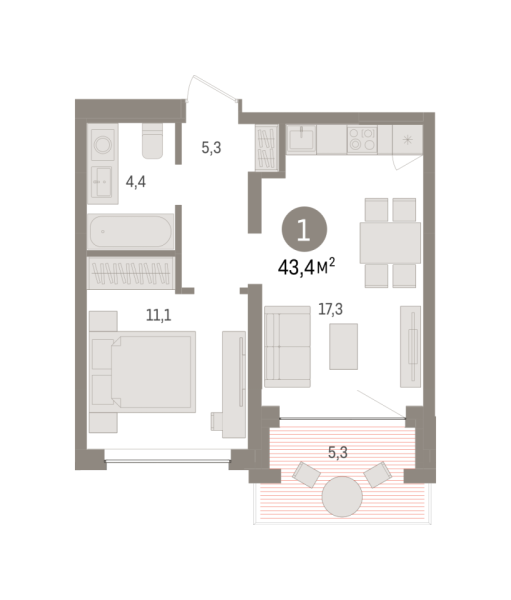 Новая 1-к квартира
 43.38 м² на 4/7 этаже в ЖК «Европейский квартал» в городе Тюмень 