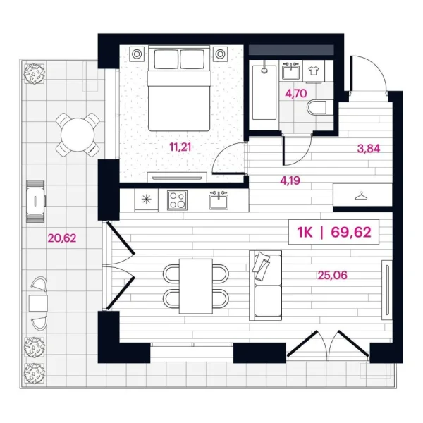 Новая 1-к квартира
 69.58 м² на 2/16 этаже в ЖК «Пушкина» в городе Тюмень 