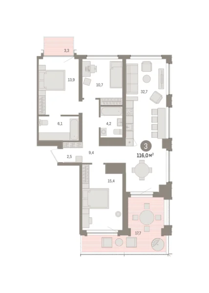 Новая 3-к квартира
 115.96 м² на 6/7 этаже в ЖК «Речной порт» в городе Тюмень 