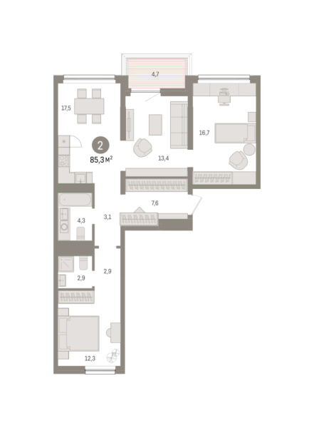 Новая 2-к квартира
 85.32 м² на 3/6 этаже в ЖК «Зарека» в городе Тюмень 