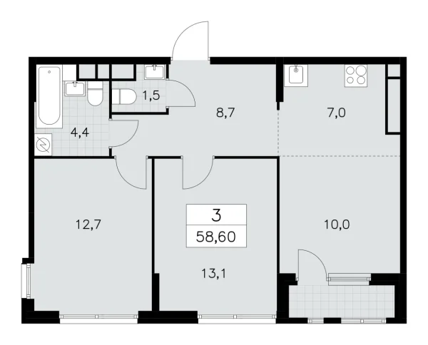 Новая 3-к квартира
 58.6 м² на 25/30 этаже в ЖК «Южные сады» в городе Тюмень 