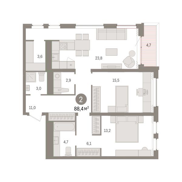 Новая 2-к квартира
 88.36 м² на 13/15 этаже в ЖК «Новин» в городе Тюмень 