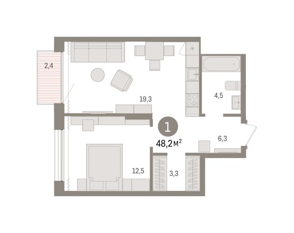 Новая 1-к квартира
 48.16 м² на 14/17 этаже в ЖК «Октябрьский на Туре» в городе Тюмень 