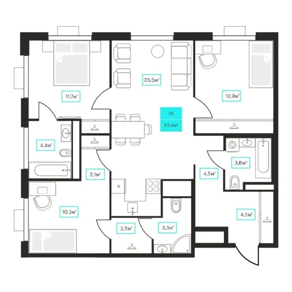 Новая 3-к квартира
 83.4 м² на 19/23 этаже в ЖК «Futuro» в городе Тюмень 