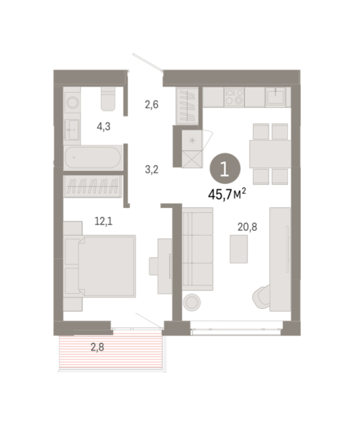 Новая 1-к квартира
 45.71 м² на 8/9 этаже в ЖК «Республики 205» в городе Тюмень 