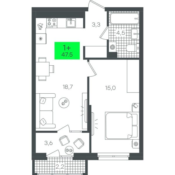 Новая 1-к квартира
 47.59 м² на 3/22 этаже в ЖК «Гранд Квартал» в городе Тюмень 