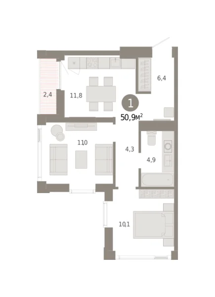 Новая 1-к квартира
 50.9 м² на 22/25 этаже в ЖК «Зарека» в городе Тюмень 