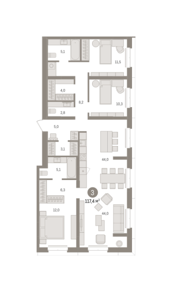 Новая 3-к квартира
 117.35 м² на 2/7 этаже в ЖК «Кварталы «На Минской»» в городе Тюмень 