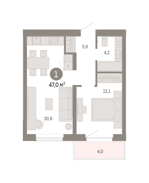 Новая 1-к квартира
 46.98 м² на 3/7 этаже в ЖК «Кварталы «На Минской»» в городе Тюмень 