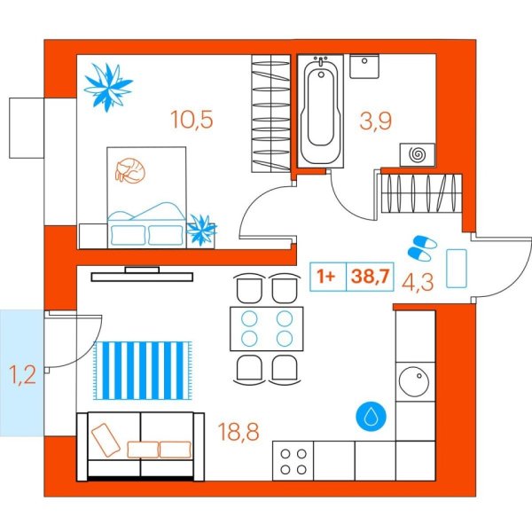 Новая 1-к квартира
 38.7 м² на 4/22 этаже в ЖК «SuperSky» в городе Тюмень 