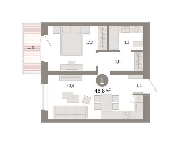 Новая 1-к квартира
 46.76 м² на 5/7 этаже в ЖК «Кварталы «На Минской»» в городе Тюмень 