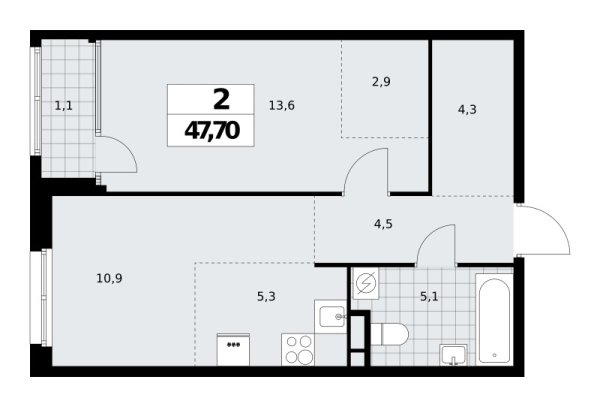 Новая 2-к квартира
 47.7 м² на 6/16 этаже в ЖК «Дом на Зорге» в городе Тюмень 