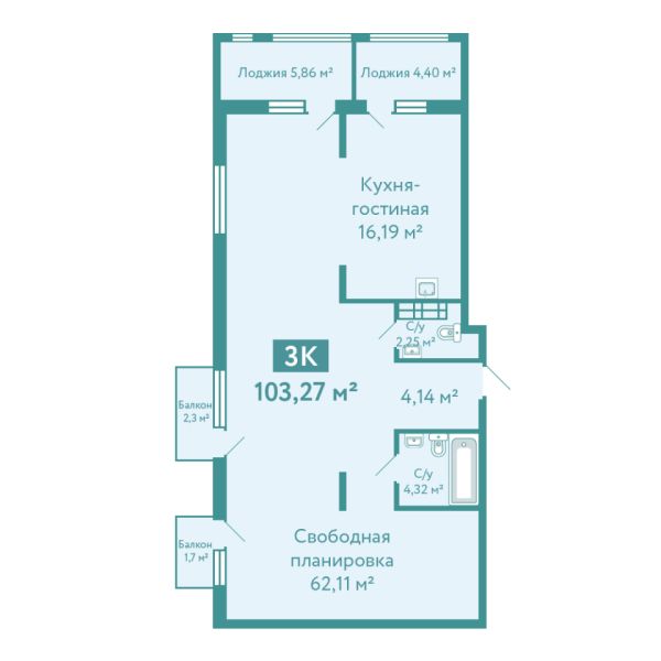 Новая квартира-студия
 103.27 м² на 10/10 этаже в ЖК «Акватория» в городе Тюмень 